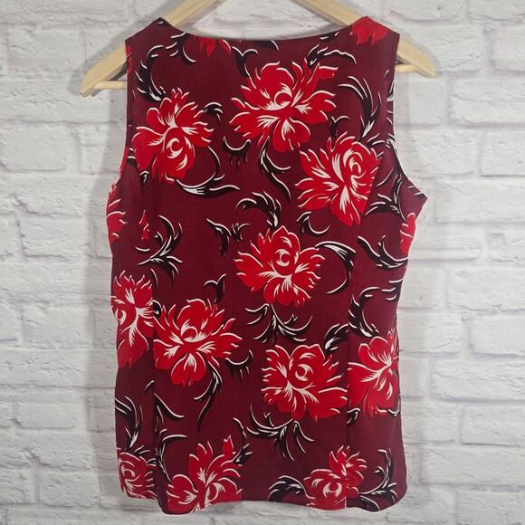 M TALBOTS Burgundy Red Floral Sleeveless Top Blouse Women Size 6 Side Zip V Neck - Picture 5 of 10